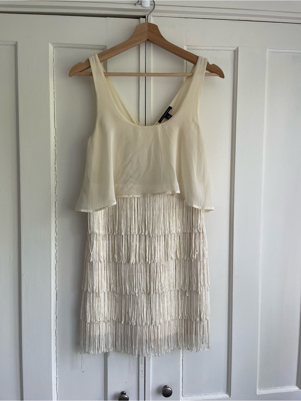 American Eagle Outfitters Ivory Tiered Fringe Mini Dress Size 2 Flapper Y2K Fab